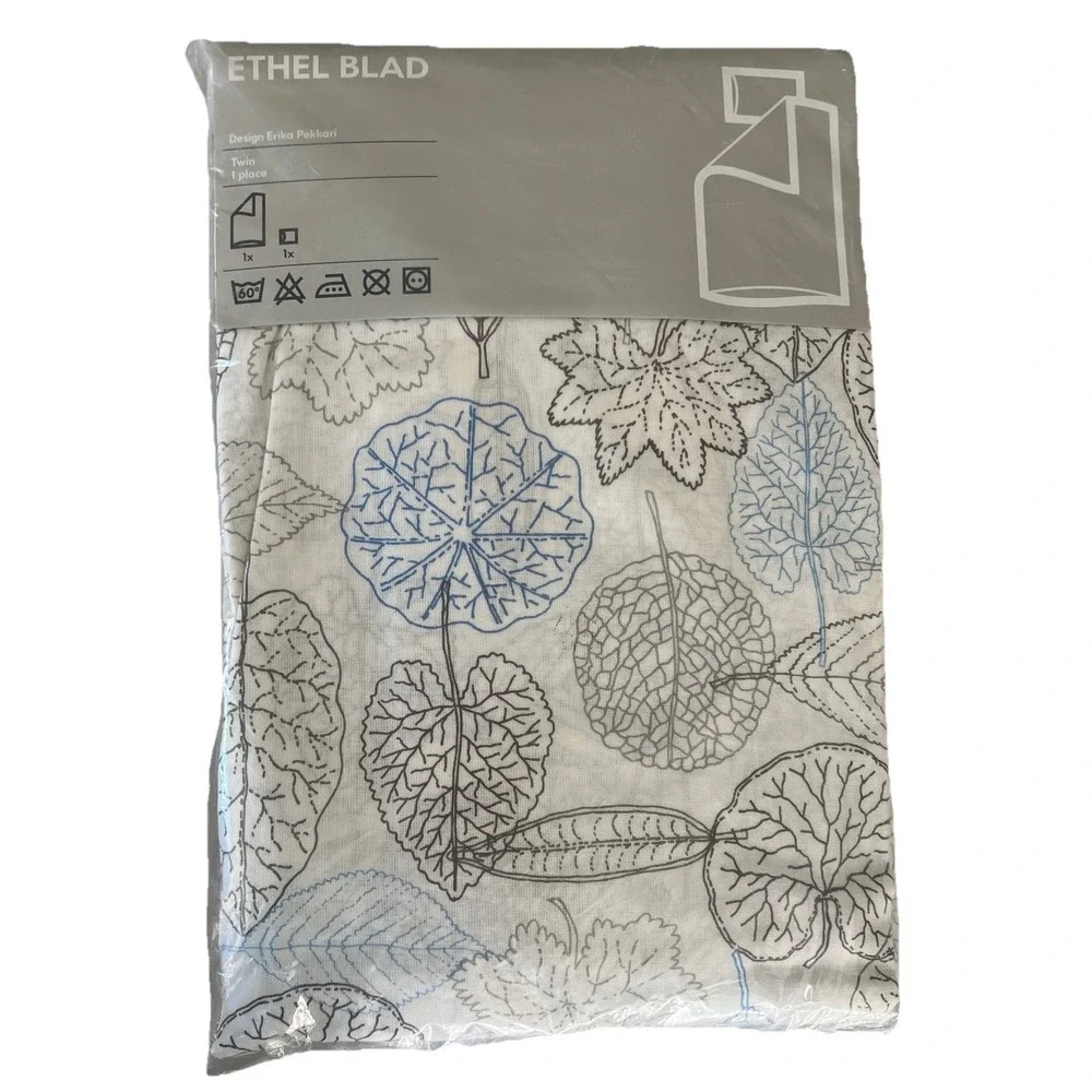 IKEA Ethel Blad Twin Duvet Cover Set  Botanical Print White Blue Brown NEW 2004